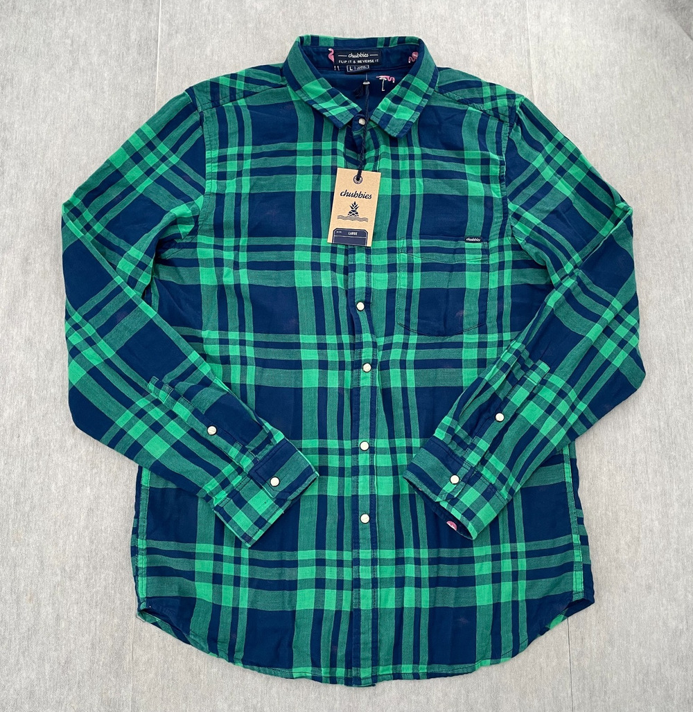 Chubbies Shirt Adult Large Green Blue Button Up Reversible Flip It & Reverse It